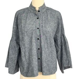 Meg Meghan Kinney Boxy Linen Blouse 3/4 Bell Sleeve Size M Lagenlook Modern Chic